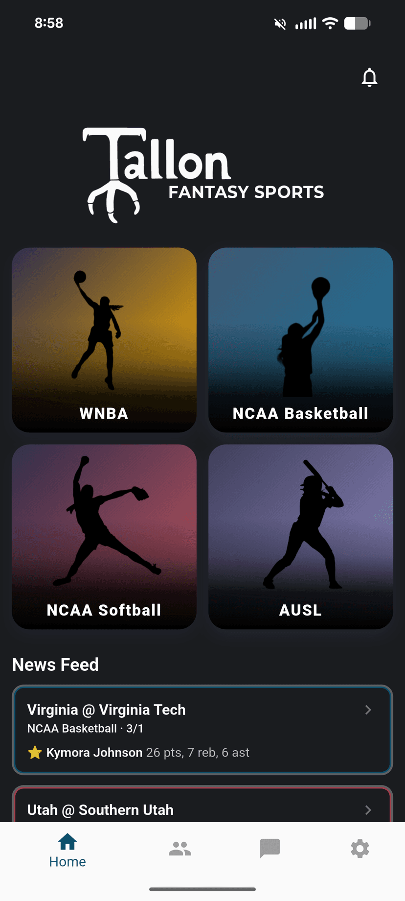 Home screen with sport selection and news feed