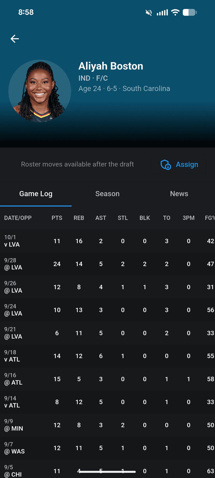 Player profile with game log