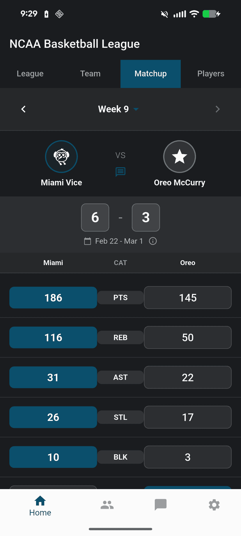 Head-to-head matchup with category scoring
